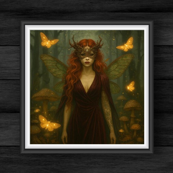Gothic Fairy Enchanted Forest Printable Wall Art, Fantasy Redhead Fae Art,  Witchy Home Decor