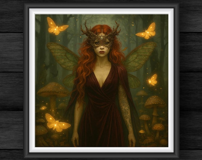 Gothic Fairy Digital Art, Redhead Fae, Enchanted Forest (Instant Download)