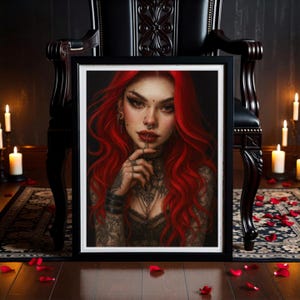 May include: A framed portrait of a person with striking red hair and detailed tattoos. The person has piercings and dark makeup. The artwork is set against a dark backdrop, with candles and rose petals enhancing the gothic theme. The frame is black.