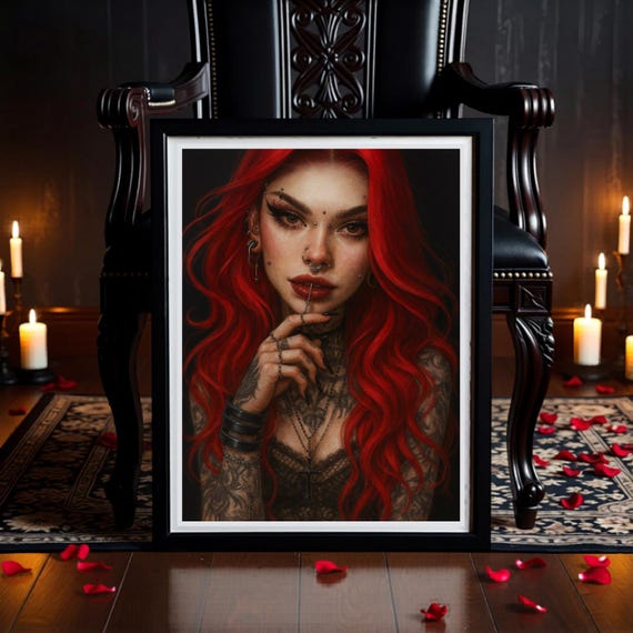 Red‑Haired Witch Portrait • Gothic Rebel Bedroom Wall Art • Dark Punk Witch-core Wall Print