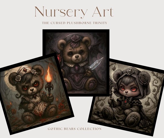 Dark Fantasy Plush Bears, Cursed Trinity (Printable Nursery Wall Art)