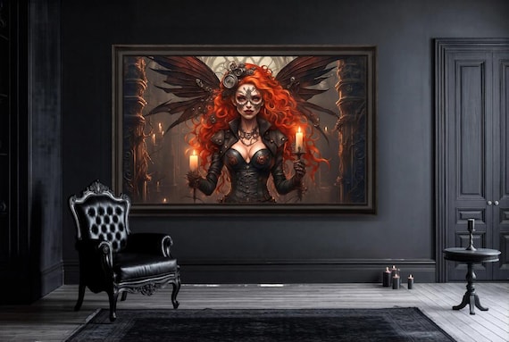 Steampunk Fairy Art Print: Red-Haired Nymph with Mask and Flames