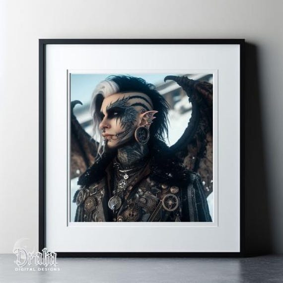 Steampunk Winged Tattooed Male Elven Demon Fantasy Printable Art - Named 'Kavriel Duskthorn' - Digital Download
