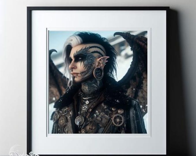 Steampunk Winged Tattooed Male Elven Demon Fantasy Printable Art - Named 'Kavriel Duskthorn' - Digital Download