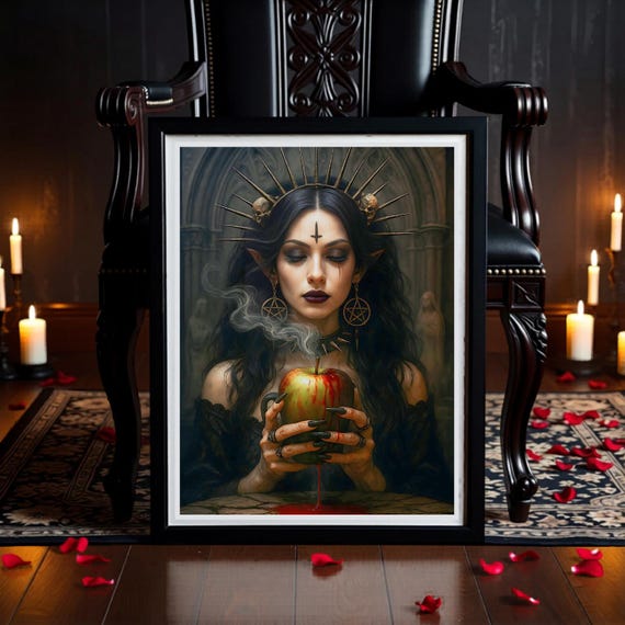 Gothic Dark Witch Art Print | Bleeding Apple Wall Art | Symbolic Blood Sacrifice | Occult Decor