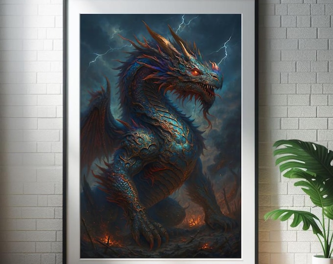 Epic Storm Dragon Printable Wall Art, Lightning and Fire (Digital Download)
