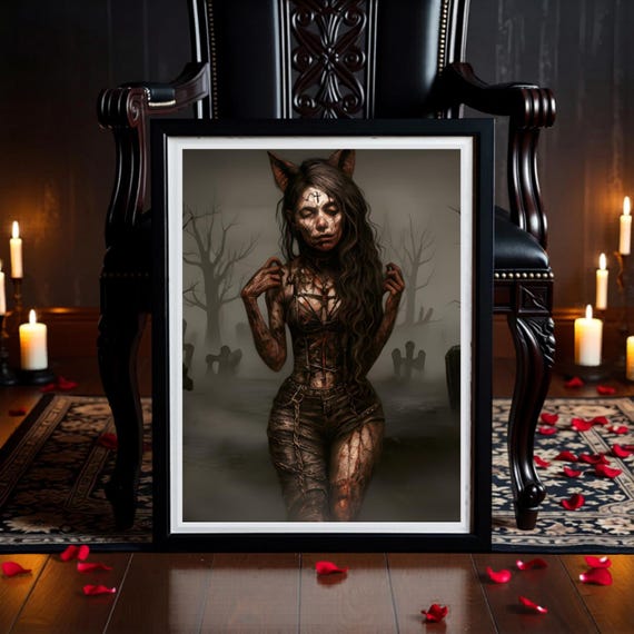 Gothic Zombie Cat Wall Art Printable, Dark Fantasy Black Cat Witchy Print - Digital Download