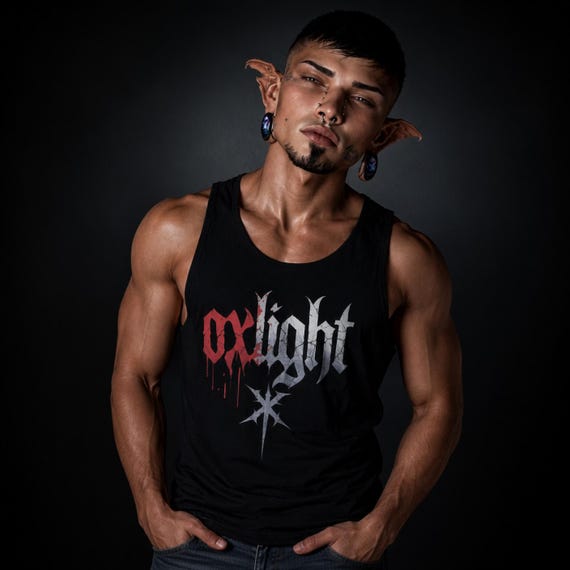 oxLight Gothic Sleeveless Top • Dark Alt Streetwear Tank • Red & Silver Logo Graphic Muscle Tee
