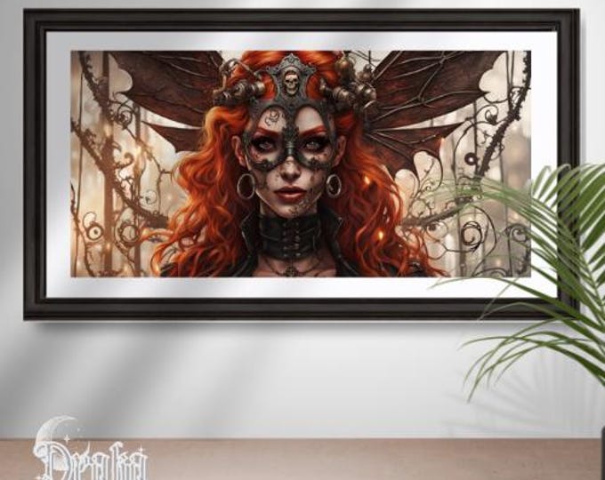 Steampunk Fairy Art Print: Red-Haired Woodland Sprite with Mechanical Wings