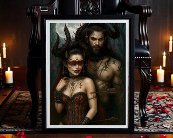Romantic Gothic Couple Wall Print: Dark Fantasy Lovers Art Decor (Instant Download)
