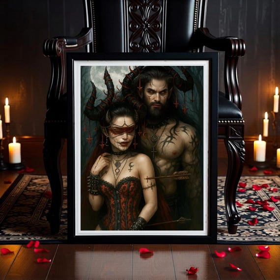 Romantic Gothic Couple Wall Print: Dark Fantasy Lovers Art Decor (Instant Download)