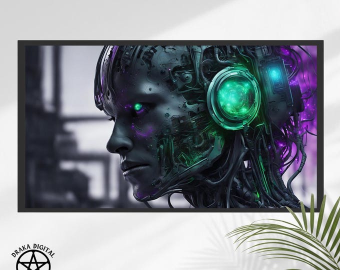 Neon Cyborg Printable Wall Artwork – Futuristic Cyberpunk Sci-Fi Art | Digital Robot Gaming Print
