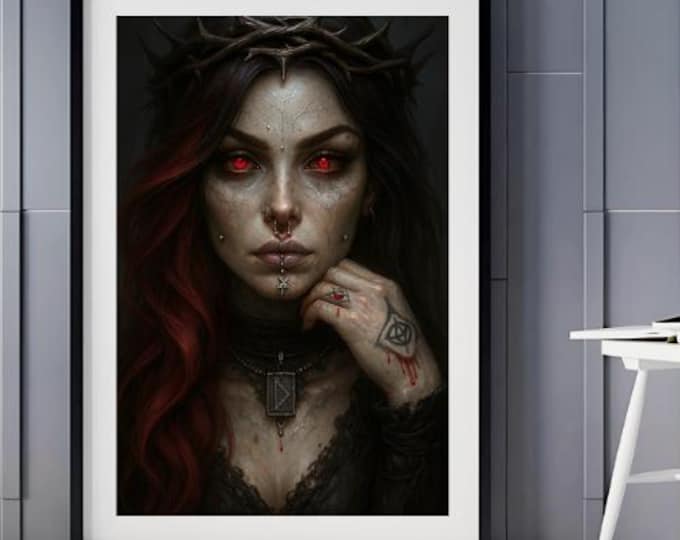 Gothic Blood Magic Queen Art, Crown of Thorns, Runes (Printable)