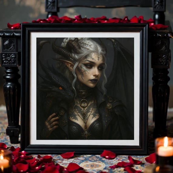 Dark Fantasy Horned Elf Sorcerer and Dragon - Gothic Black Dragon Art Print - Digital Download