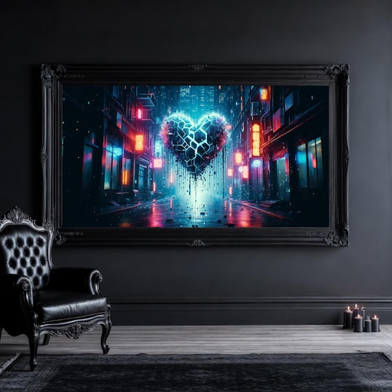 Broken Neon Heart Print: Cyberpunk Abstract Art (Digital Download)