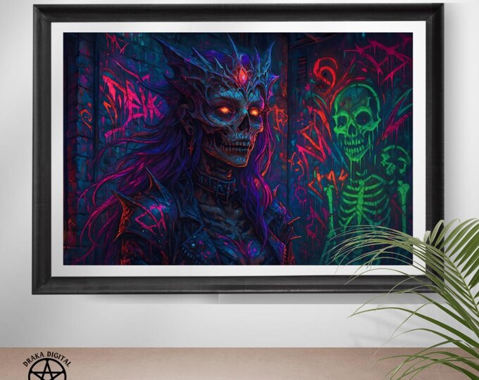 Gothic Skull Wall Art: Neon Cyberpunk Graffiti - Dark Fantasy Decor