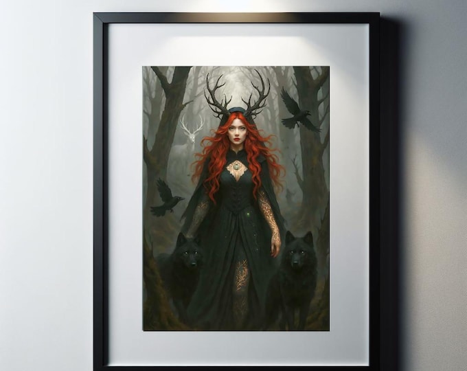 Forest Witch Wall Art - Dark Fantasy, Red-Haired Wolf Queen