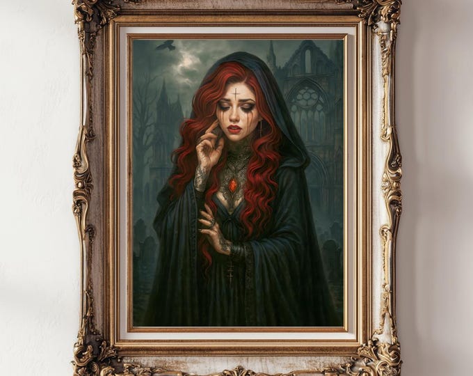 Sorceress Art Print - Gothic Witch with Amber Amulet