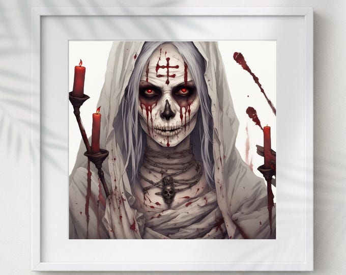 Printable Gothic Nun Art: Dark Fantasy Priestess - Bloody Veil Design