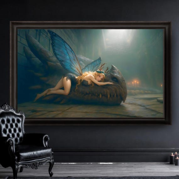 Gothic Blue Fairy and Sleeping Dragon Printable Art, Whimsical Fantasy Companionship Decor (Digital Download)
