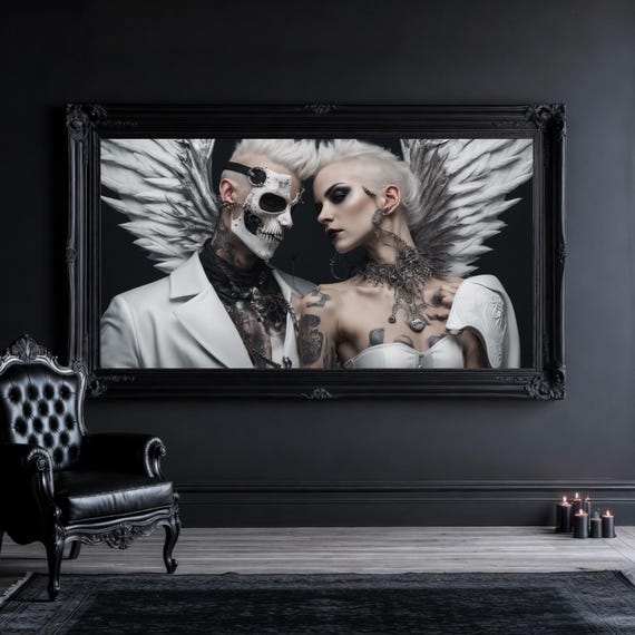 Gothic Couple Wall Art Printable – Cyberpunk Angel Lovers Print - Fantasy Romance Decor - Digital Download