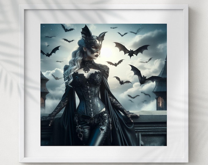 Dark Fantasy Bat Woman Print - Gothic Masquerade Sorceress Art