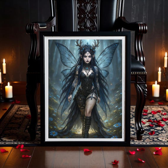 Gothic Blue Fairy  Wall Art Printable - Dark Forest Witch Art Print - Fantasy Room Decor