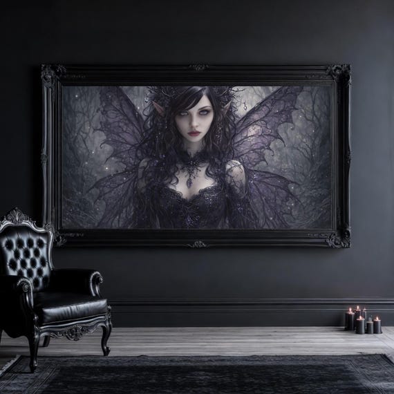 Gothic Purple Fairy Wall Art – Dark Enchanted Fae Artwork – Fantasy Witch-core Decor – Digital Download