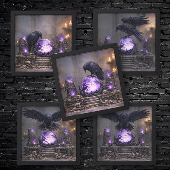 Gothic Raven's Set of 5 Wall Art - Purple Crystal Orb &  Black Bird's Bundle Prints