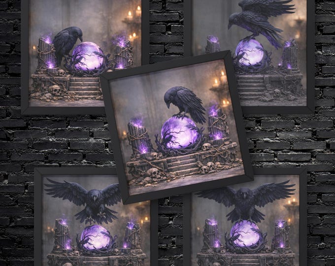 Mystical Raven Collection Printable Art - Purple Crystal Orb, Gothic Witch Decor