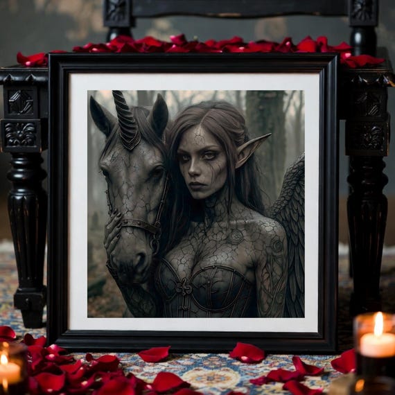 Dark Fantasy Elf with Unicorn Wall Art Printable – Gothic Winged Fey, Mythical Creature Decor