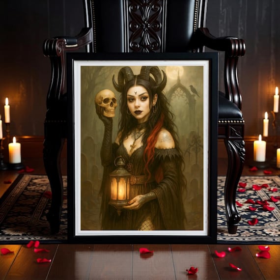 Witch-Core Digital Print, Horned Sorceress with Lantern and Skull (Instant Download)