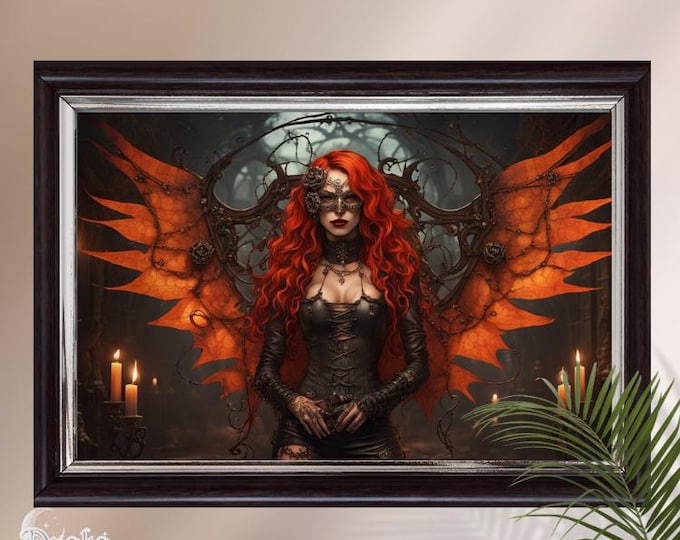 Gothic Steampunk Fairy Art, Winged Elven Seraph (Red Hair, Printable)
