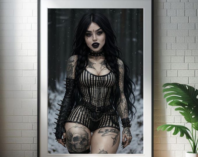 Gothic Snow Maiden Artwork: Dark Tattooed Woman in Winter Forest