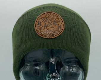 Gorro de cuero con parche de Colorado, gorro de invierno con escena de montaña, gorro para clima frío, tapa de explorador