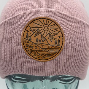 Colorado Leather Patch Beanie Mountain Scene Winter Cap Cold Weather Hat Explorer Lid