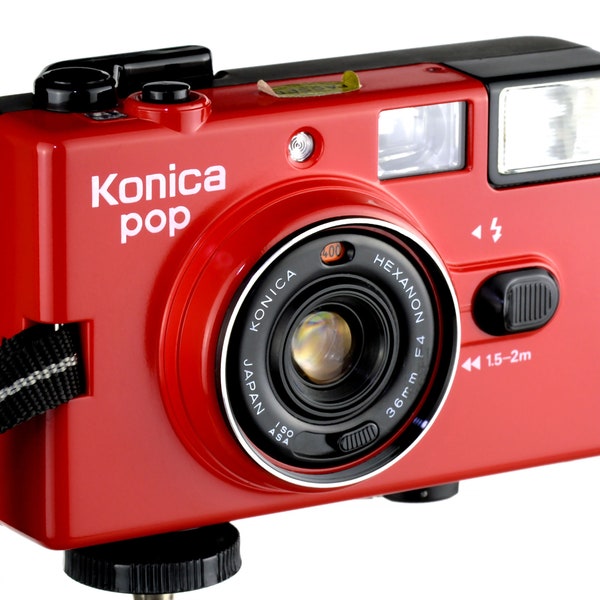 Konica POP w 36mm f/4 Hexanon Prime Lens Rare Collectible Red Version 35mm Film Camera REaLLY NiCE!
