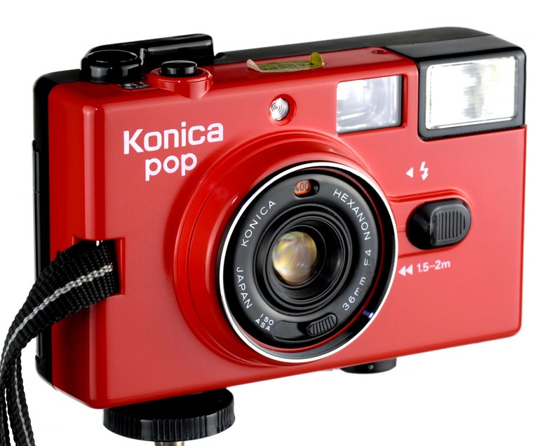 Konica POP w 36mm f/4 Hexanon Prime Lens Rare Collectible Red Version 35mm Film Camera REaLLY NiCE image 1