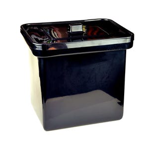 May include: A black, rectangular food storage container with a matching lid. The container has a glossy finish and a small handle on the lid. The container is designed for storing food items.