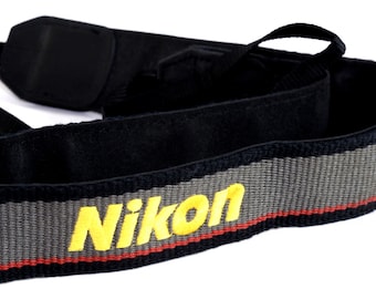 Nikon Strap for SLR Camera in Great Shape Gray Black Red w Yellow Logo FM2 FE DSLR D3300 D300s D7200 Vintage Straps Collectible QUiTE NiCE!