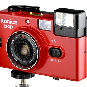 Konica POP w 36mm f/4 Hexanon Prime Lens Rare Collectible Red Version 35mm Film Camera REaLLY NiCE image 2