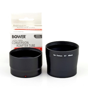 Può includere: Un set di tubi adattatori di conversione per fotocamera digitale Bower nero per Canon G7 58mm, che include due componenti metallici cilindrici e una scatola di cartone bianca con il testo Bower Digital Camera Conversion Adapter Tube for Canon G7.