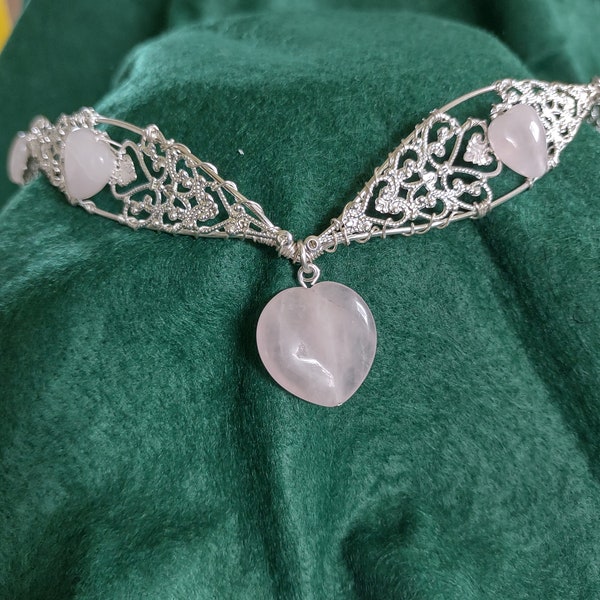 Silver Pink Filigree Rose Quartz Fairy Elf Circlet Crown Headpiece
