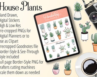 May include: A digital sticker set featuring hand-drawn illustrations of various house plants in pots. The stickers are pre-cropped and come in both high and low resolution. The set includes a full page border-style PNG for crafters cutting machines.
