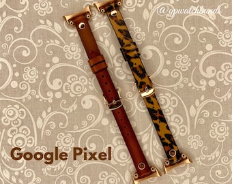 Google Pixel & Pixel 2 - 20MM Thin Leather Watch Band Dark Brown or Cheetah Leather Band With Rose Gold Rivet-Adapter-Buckle Accessories