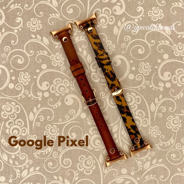 Google Pixel & Pixel 2 - 20MM Thin Leather Watch Band Dark Brown or Cheetah Leather Band With Rose Gold Rivet-Adapter-Buckle Accessories