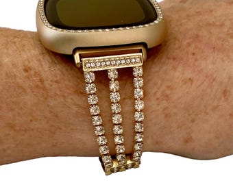 Rhinestone 3-Strand Watchband for Fitbit Versa, Sense / Silver, Gold, Black, Rose Gold / Resize Tool