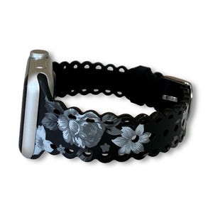 Apple Watch Band Scalloped Lily Print Silicone Watchband 38/40/41MM 42/44/45/49MM 42/46MM Series 10 Silver Stainless Buckle-Women Watchband