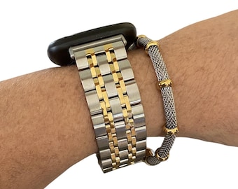 Stainless Steel Watchband Bracelet Set Compatible with Fitbit Versa : Silver-Gold or Silver-Rose Gold