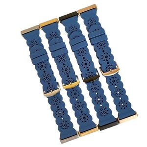 May include: Four blue watch bands with floral cutouts and various metal clasps. The bands are made of a flexible material and feature a repeating flower pattern. The clasps are in silver, gold, and black tones.